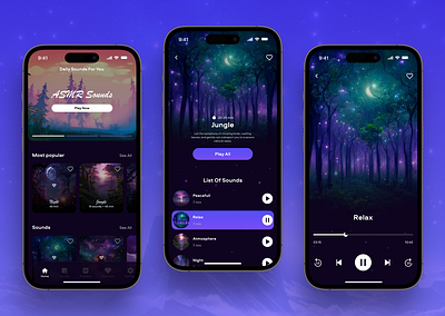 Relaxing Sounds App app design calm ui dark mode inspiration meditation meditation app mobile mobile app relax relaxing sounds sleep app sound app sounds ui ux