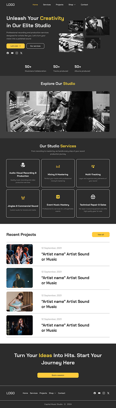 Full Website Design for a Modern Music Production Studio design figma music studio music studio website studio ui web design web development wordpress wordpress development
