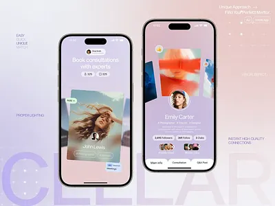 Expert Booking App Interface app interface connection app creative profile elegant visuals expert booking interface intuitive design mentor app mobile interface modern ux product design responsive ui swipe cards ui layout user profile ux concept