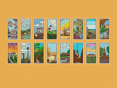 Breathtaking America Stamps america architecture design drawing hiking history illustration landmarks landscape nature parks stamp travel united states