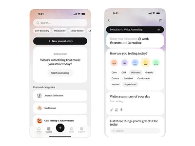 Mindful Daily Journal App Design app design daily reflection guided prompts journal app mental health microinteractions minimal design mobile journaling mood tracker peaceful design productivity tool self care thoughtful interface ui design ui elements ui system ux design ux research voice journaling wellness app