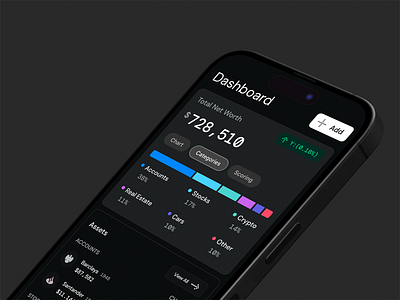 Finance Dashboard Mobile App Design asset manager clean layout crypto wallet data visualization digital wallet finance dashboard financial insights fintech product interactive chart investment tracker mobile banking modern interface money management net worth smart finance ui design ux design wealth tracking