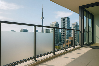 Modern Glass Balcony with Privacy Film in Downtown Toronto 3d animation balconyprivacy branding frostedglassfilm glassrailingfilm graphic design motion graphics ui windowfilm windowprivacyfilm