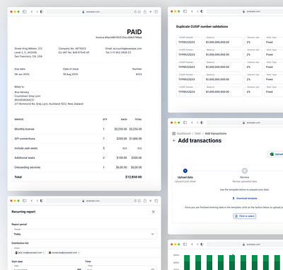 Invoice and debt screens admin dashboard billing system clean dashboard data visualization enterprise ui finance ui financial dashboard fintech design interface design invoice template invoice ui modern ui design payment management recurring payments saas billing table ui transaction management uiux inspiration ux design web app design