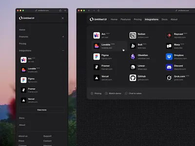 Meganav — Untitled UI dark ui darkmode header nav integrations mega nav meganav product design ui design web design