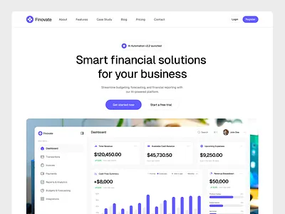 Finovate – SAAS Finance Landing Page clean design finance financial fintech landing page landing page design minimal modern saas startup ui ui design uiux user interface ux web app web design website design
