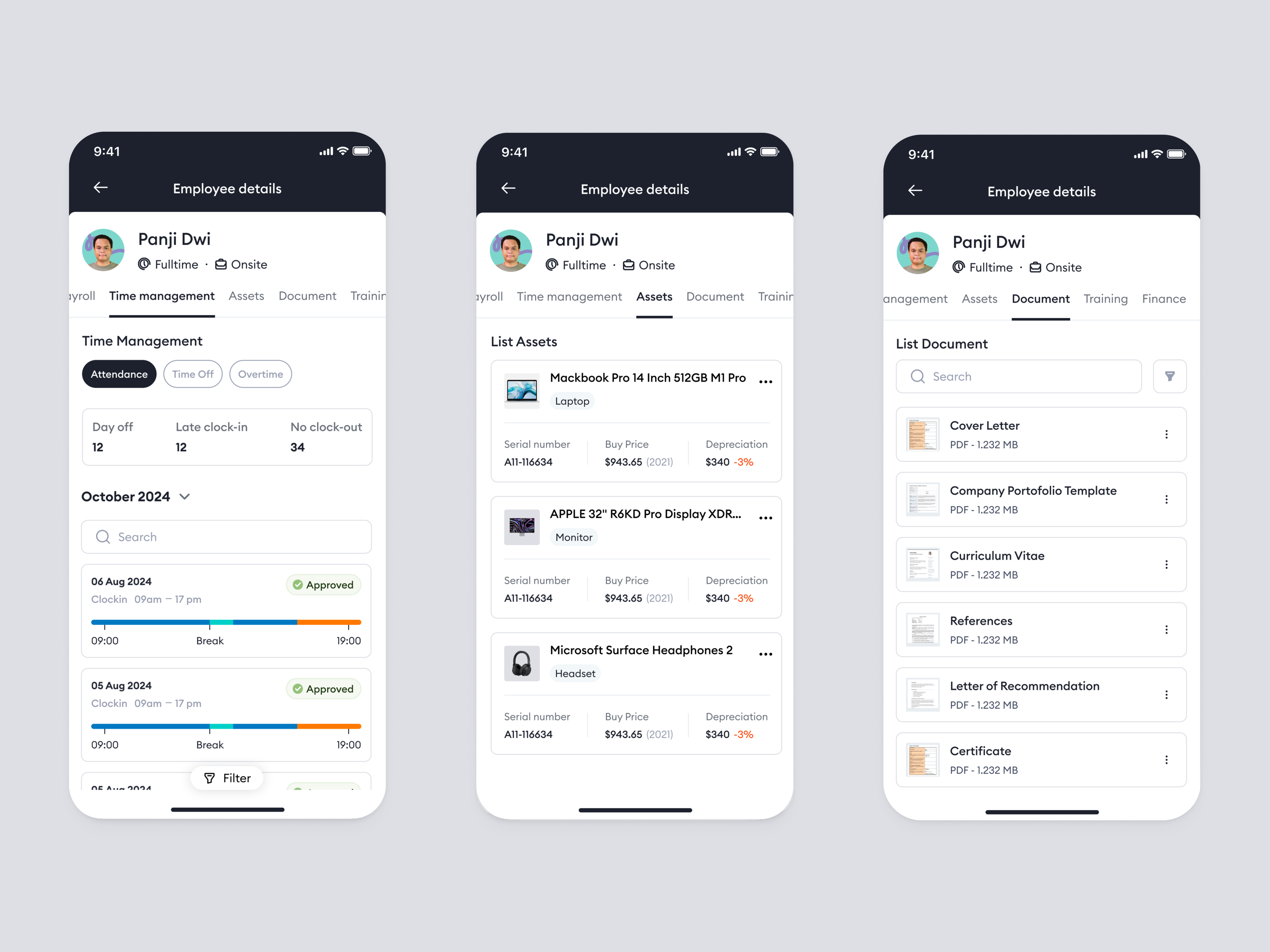 Tiimi Mobile – Employee Details: Time, Assets & Documents company employee details employee management employee profile hiring hr hrd hrm human resources job mobile ui product design recruitment saas saas design ui ui design ux web design workforce management