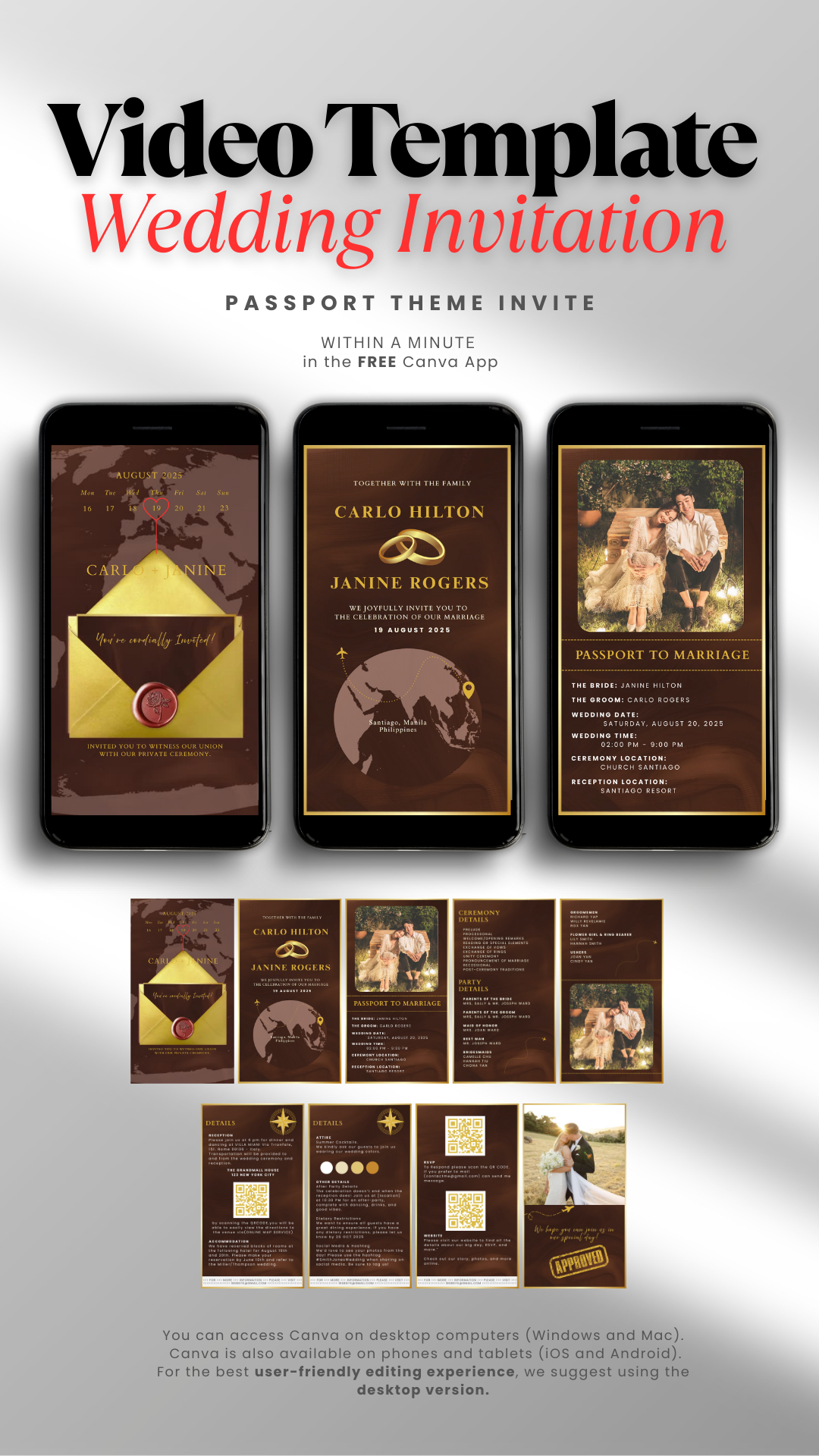 PASSPORT Brown and Gold Wedding Invitation Video Template canvatemplate invitation motion graphics ui video wedding weddinginvitation weddingtemplate weddingvideo weddingvideotemplate