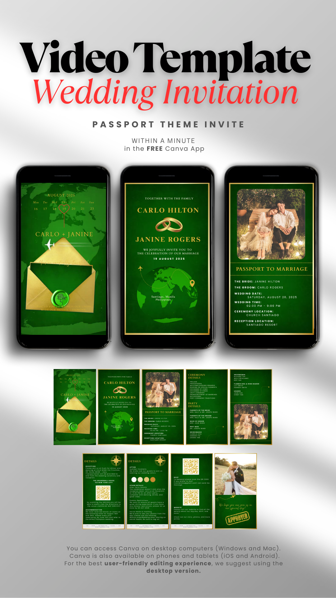 PASSPORT Green and Gold Wedding Invitation Video Template canvatemplate graphic design invitation ui wedding weddinginvitation weddingtemplate weddingvideo