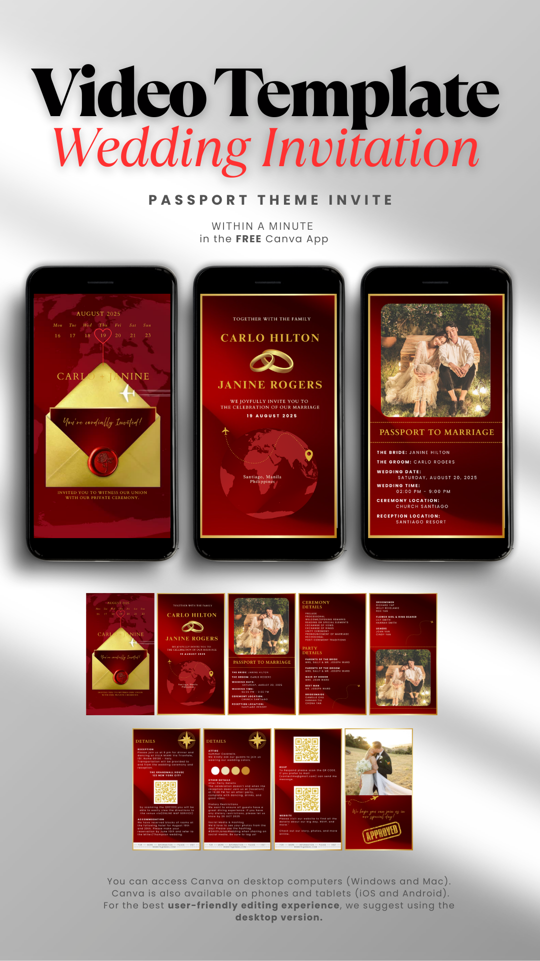 PASSPORT Red and Gold Wedding Invitation Video Template canvatemplate graphic design invitation ui video wedding weddingtemplate weddingvideo weddingvideotemplate