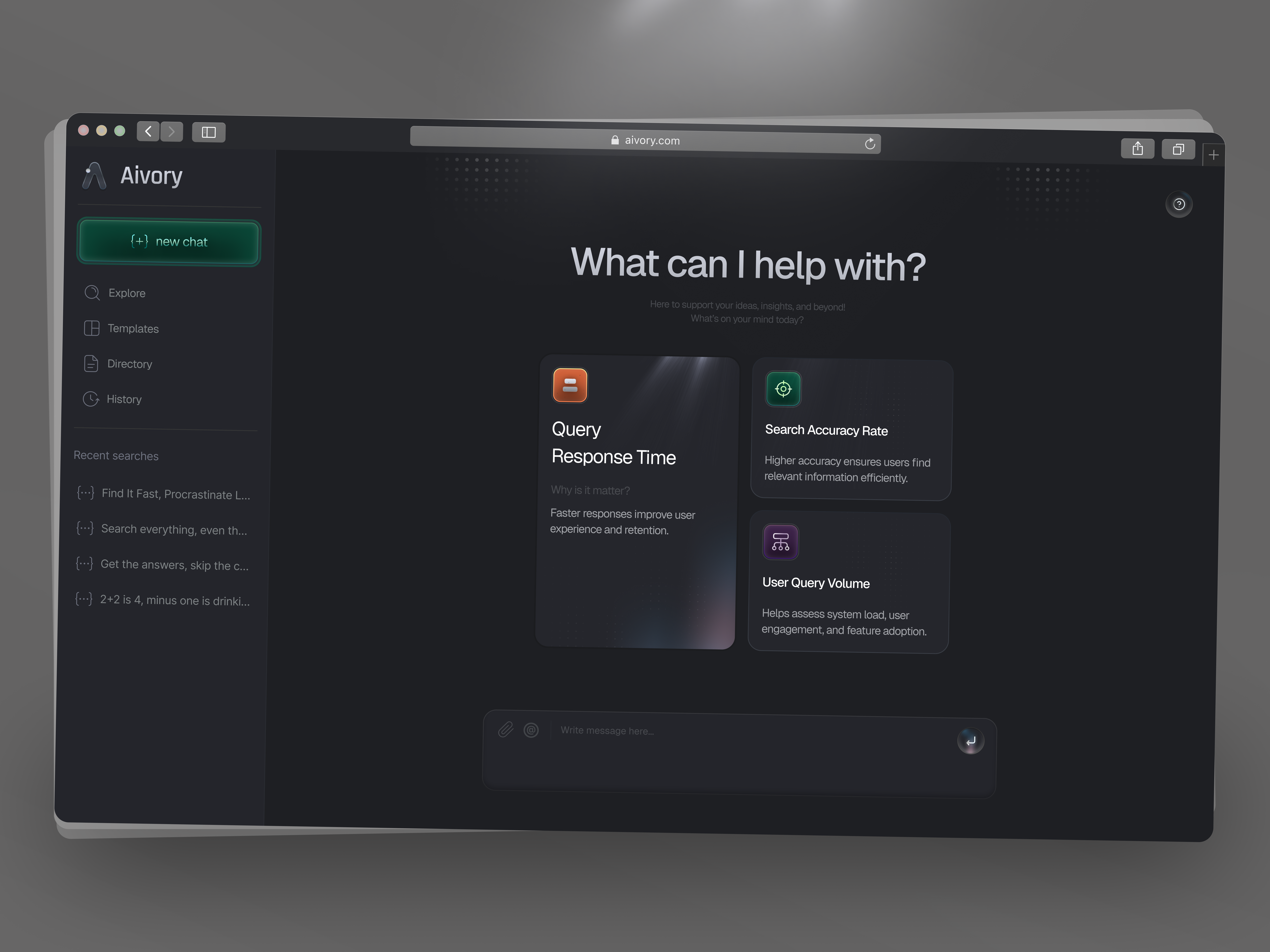 Aivory: Productivity-Driven Web App – Smart Search Experience ai ai assistant ai chatbot ai optimized artificial intelligence saas card chat bot chatbot interface clean dark mode darkmode dashboard design design web enterprise ai generative ai talk ai ui uiux ux