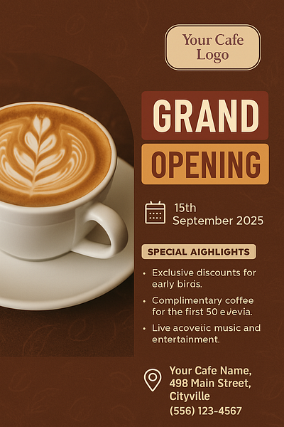 "Grand Opening: Cafe Flyer Design" adobe photoshop advertising brand identity branding coffee cup design designer graphic design marketing social media poster design visual identity