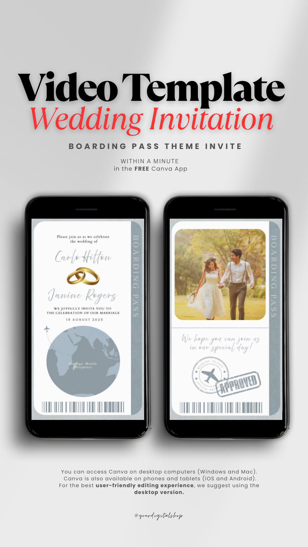 BOARDING PASS Blue and White Video Invite Template canvatemplate graphic design invitation template ui video wedding weddingtemplate weddingvideo