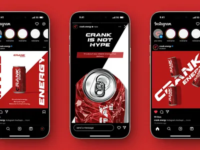 CRANK - Energy Drink Social Media Instagram Design ads advertisement bold branding color elegant energy drink feeds graphic design gym instastory marketing mockup modern professional social media sport drink sport logo template visual identity
