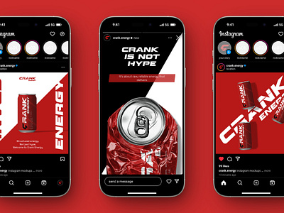 CRANK - Energy Drink Social Media Instagram Design ads advertisement bold branding color elegant energy drink feeds graphic design gym instastory marketing mockup modern professional social media sport drink sport logo template visual identity