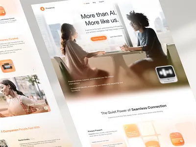 Presence - AI Companion Landing Page ai ai companion ai landing page bento clean faq footer illustration landing page modern soft gradient ui ux warm web design widget