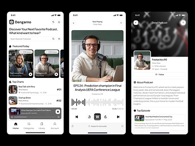 Dengarno - Podcast Mobile App audio branding cover detailspodcast footballpodcast graphic design iosapp iosdesign iosdesigner mobile mobileapp mobiledesigner music play podcast topchart ui uimobile uiux ux