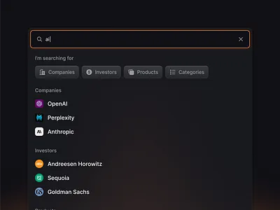 Smart Search Across Companies & Investors clean companies darkui dashboard directory explore filters flat input interface investors minimal saas search shadcn shadcnui smartsearch tailwind