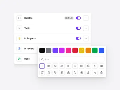 Custom Workflow Stages with Icons & Colors clean colors customization dashboard flat icons interface kanban minimal saas settings shadcn shadcnui stages tags tailwind todo workflow