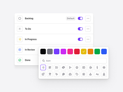 Custom Workflow Stages with Icons & Colors clean colors customization dashboard flat icons interface kanban minimal saas settings shadcn shadcnui stages tags tailwind todo workflow
