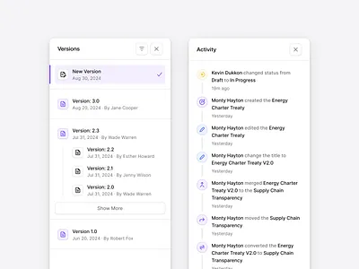 Version History with Activity Timeline activitylog changelog clean dashboard document filehistory flat history iterations minimal saas shadcn shadcnui tailwind timeline tracker updates versioning