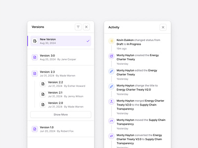 Version History with Activity Timeline activitylog changelog clean dashboard document filehistory flat history iterations minimal saas shadcn shadcnui tailwind timeline tracker updates versioning