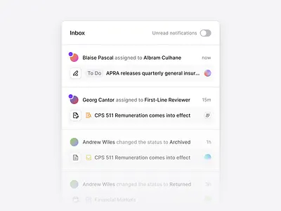 Inbox Task Assignments with Status Updates assignment clean dashboard flat minimal notifications saas shadcn shadcnui tailwind taskmanagement todo workflow