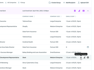 UserEvidence Manage Survey Recipients Table app b2b call to action clean cta design flat hover light mode minimal saas simple table ui userevidence ux web web app