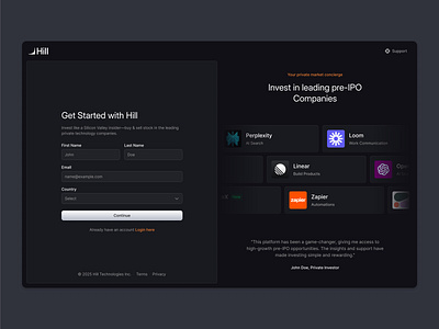Sign-Up Flow for Pre-IPO Investment Platform authentication brands clean darkmode dashboard fintech flat investment minimal modaluix onboarding preipo saas shadcn shadcnui signupform tailwind