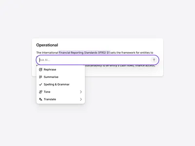AI-Powered Editor for Financial Reporting Summarization aiwriting assistivetools clean compliance dashboard financialreporting flat ifrs minimal regulations rephrase saas shadcn shadcnui summarization tailwind texteditor