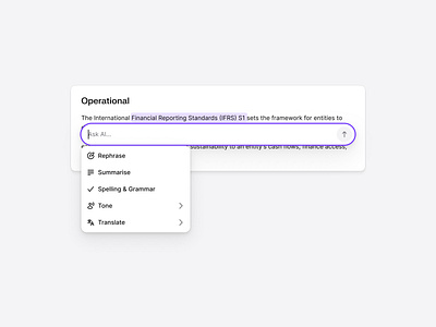 AI-Powered Editor for Financial Reporting Summarization aiwriting assistivetools clean compliance dashboard financialreporting flat ifrs minimal regulations rephrase saas shadcn shadcnui summarization tailwind texteditor