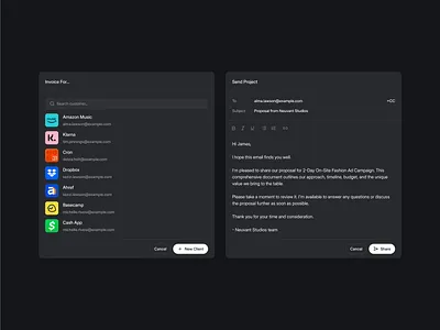 Dark Theme - Proposal Email UI clean client communication compose crm darkmode dashboard email emailui flat minimal proposal saas shadcn shadcnui tailwind ux workspace