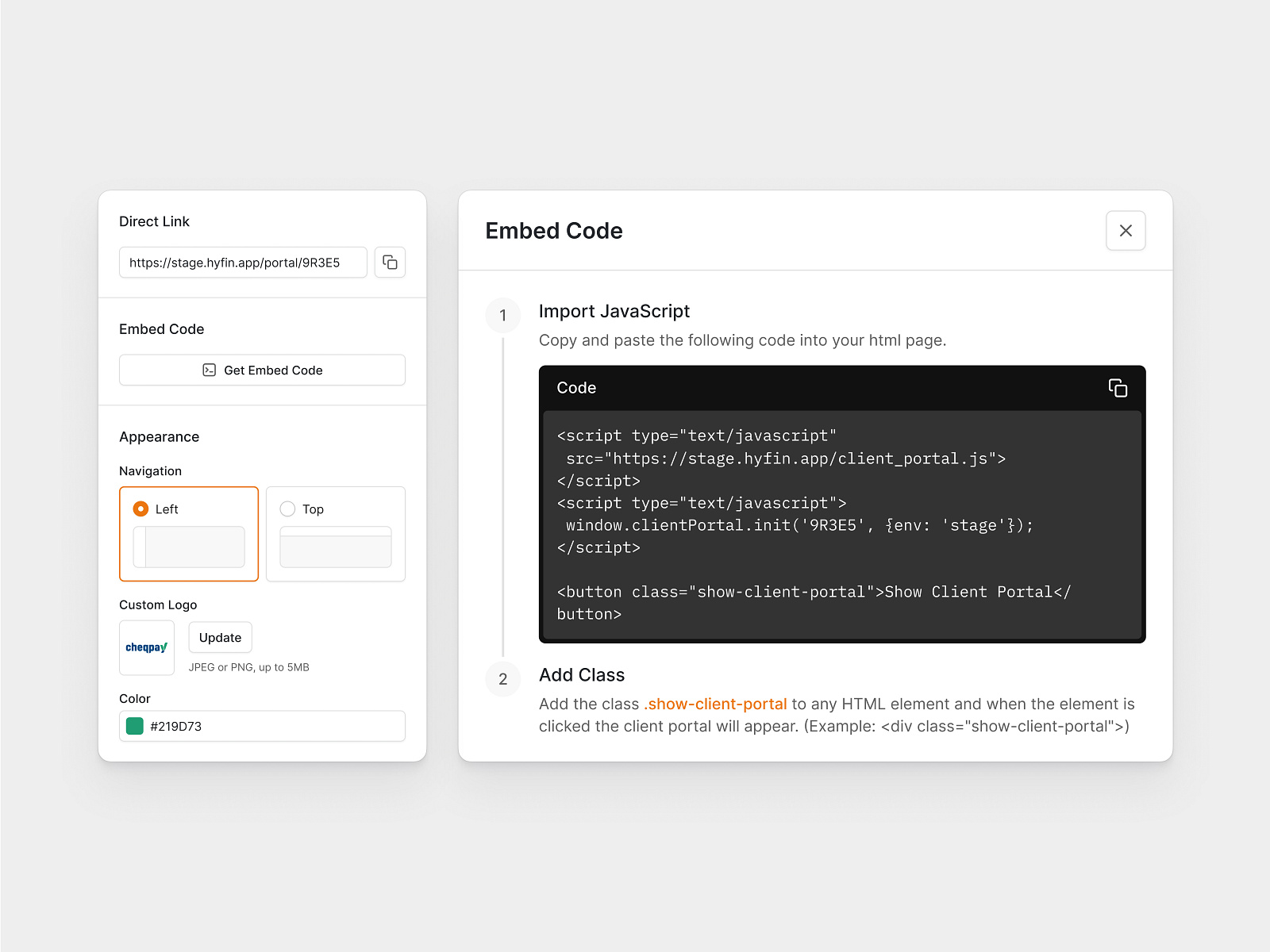 Embed Widget Setup UI by Jeremy Blaze for Never Before Seen on Dribbble