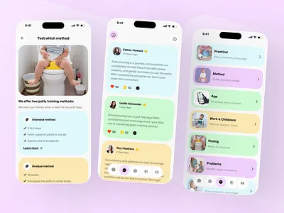 PottyPal – Potty Training App UI (Methods, Community & Learning) app design health app mobile app