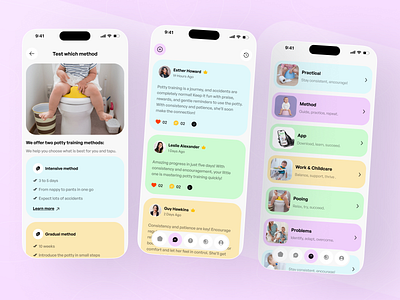PottyPal – Potty Training App UI (Methods, Community & Learning) app design health app mobile app