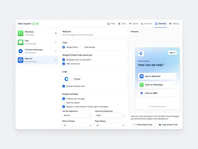 Communication Channel Integration Panel chat clean crm dashboard embed flat integrations minimal saas settings panel shadcn shadcnui support tailwind toggles webchat whatsapp
