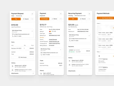 Payment Management UI with Timeline View cards clean creditcard dashboard financial flat invoicing layout grid minimal orange ui payments receipts saas shadcn shadcnui tailwind transactions