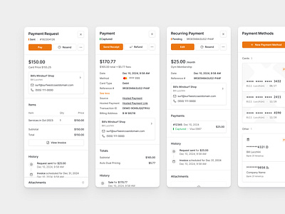 Payment Management UI with Timeline View cards clean creditcard dashboard financial flat invoicing layout grid minimal orange ui payments receipts saas shadcn shadcnui tailwind transactions
