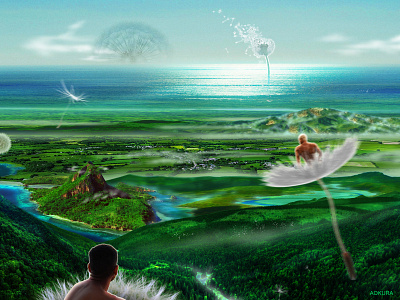 ⁺🌿☁️🌿⁺ adventure dandelion dreamscape fairytale fantasy forest graphic design illustration island landscape migration nature ocean photoshop scenery sea seed summer travel wanderlust