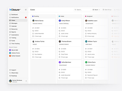 Clean Task Board View case management clean dashboard flat kanban lawtech minimal saas shadcn shadcnui sidebar tailwind task tracking