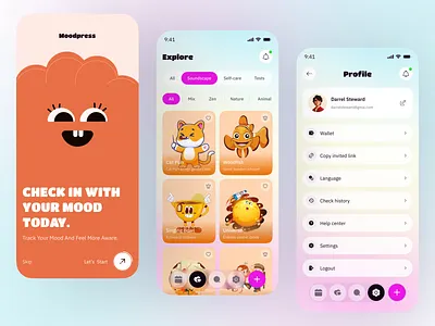 Mood Tracker & Self-Care Mobile App cute ui health journal healthylifestyle ios app medical meditation mental care mental health app mobile app mobile app ui mobile design mood tracker product design self care self care design startup stress tracker telemedicine wellness app