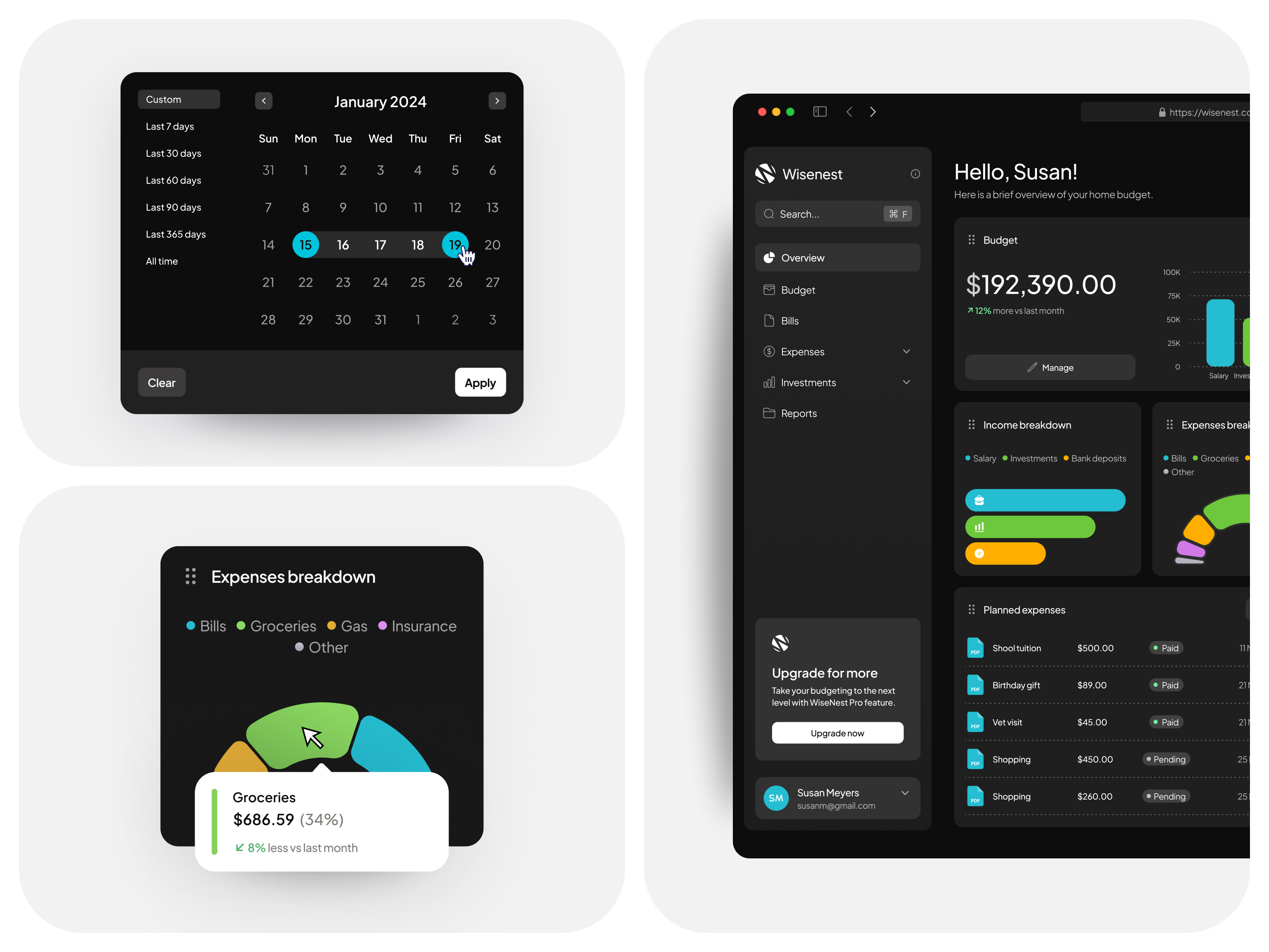 Wisenest: Home budget management analytics budget budget management charts dark mode dark mode dashboard dashboard data home budget home management metrics smart home ui ux