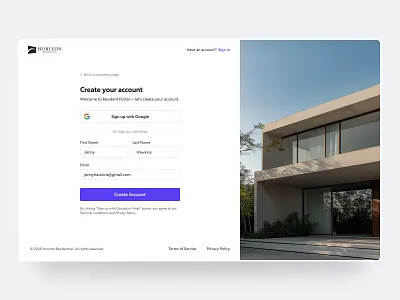 Resident Portal - Create Account apartments app design clean create account form house housing portal minimal modern ui onboarding property listing property management software real estate rental application resident portal residential app sign up tenant ui ux design web design