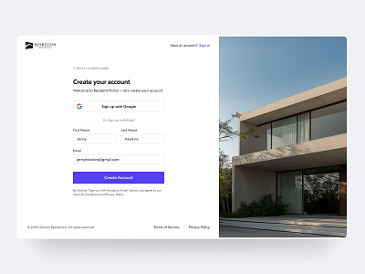 Resident Portal - Create Account apartments app design clean create account form house housing portal minimal modern ui onboarding property listing property management software real estate rental application resident portal residential app sign up tenant ui ux design web design