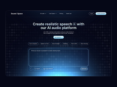 Landing Page Hero - Sound Space ai aichat blue branding dark darkmode darkui generate glow graphic design header hero landing landing page landingpagehero minimalist page ui uiux
