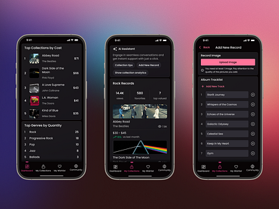 DeepGroove Mobile Concept conceptdesign dark theme dashboard dashboard ui music collection musicapp productdesign ui ui design ux design vinylcollection