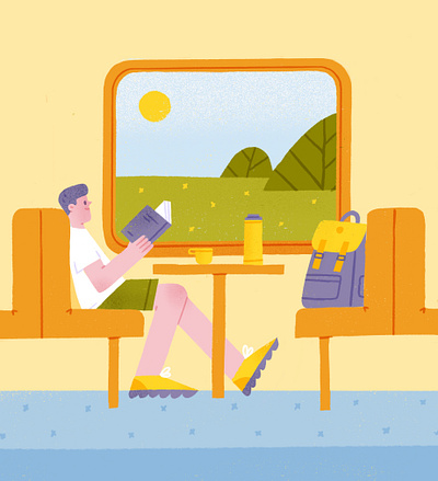 Losing Track of Time backpack book boy character illustration journey landscape procreate reading sitting summer texture thermos train travel vacuum flask window