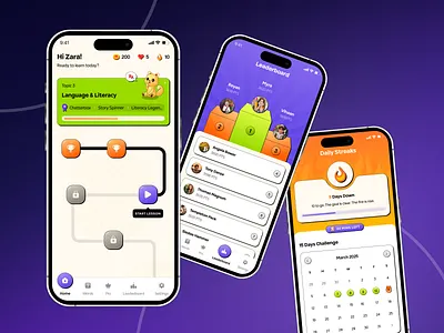 Learning App for Kids app for education child friendly design colorful app ui daily streak ui education app ui figma ui gamification app gamified learning kids learning app leaderboard design learning app for kids mobile app ui mobile learning ux modern ui 2025 uiux design