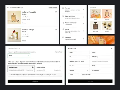 PARFS — Luxury Perfume eCommerce | Checkout Flow UI/UX Design add to cart ui checkout flow clean checkout design clean ui ecommerce ecommerce checkout fragrance cart high converting checkout high end flow page luxury checkout flow luxury e commerce luxury flow design luxury ui online store payment ui perfume website shipping ui uiux design