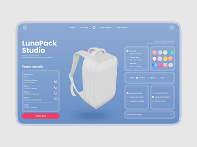 LunoPack - Personalize your backpack experience 3d backpack design illustration personalise productdesign ui uiconcept websitedesign